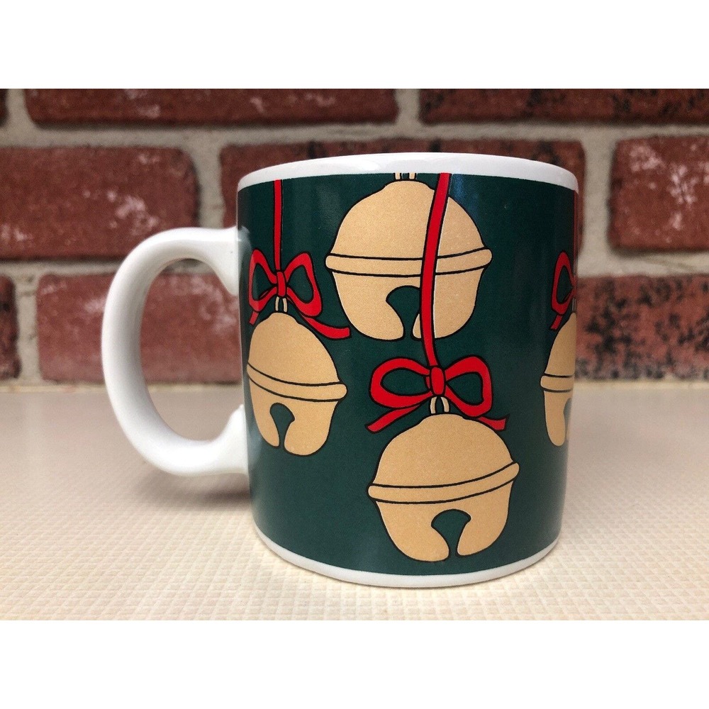 Hickory Farms 1987 Happy Holidays Coffee Mug Green Gold Jingle Bell Red Ribbon